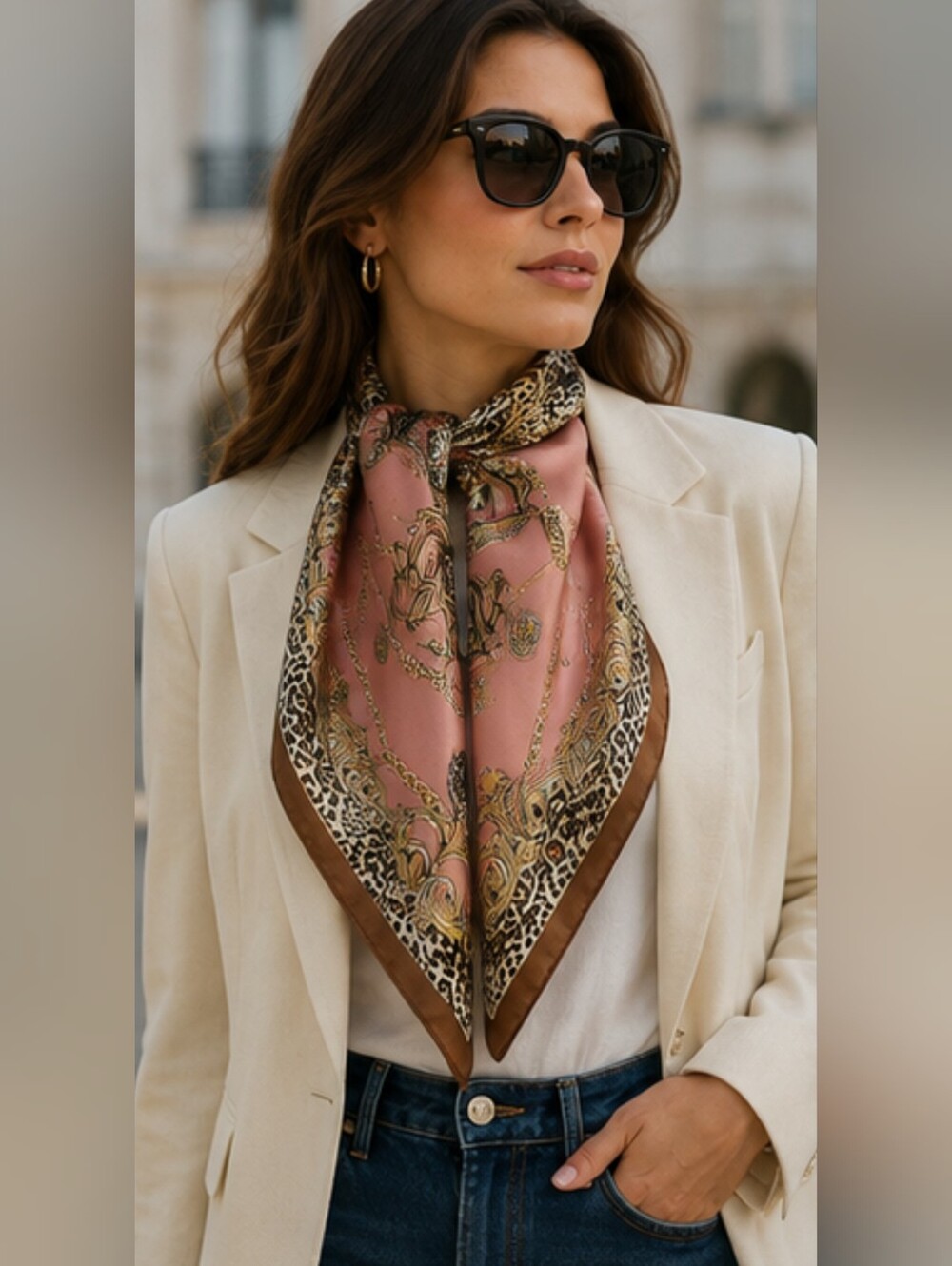 100% SILK NEW Oversized Square Fashion Scarf - Peach-Gold Chain Animal Print